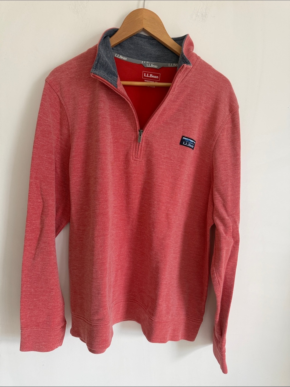 LL BEAN Men Red Cotton Blend 1/4 Zip Pullover Long Sleeve Shirt Top Size XL Reg